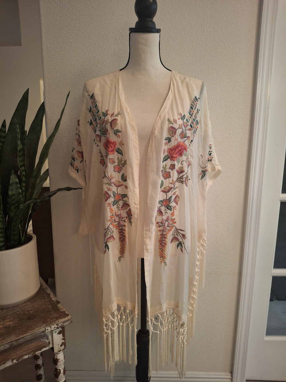 Johnny Was Cream Floral Embroidered Kimono with Pink and Orange Accents